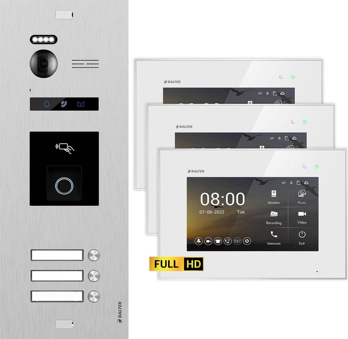 BALTER EVO HD Silber RFID/Fingerprint 3x7" Weiß Video Türsprechanlage Set 3 Familienhaus
