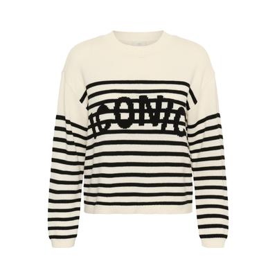 Strickpullover KAFFE "Damen Strickpullover KAsus", Damen, Gr. S, weiß (chalk schwarz deep stripe knit), Obermaterial: 50% Baumwolle CO. 50% Polyacryl PAN., Pullover Strickpullover