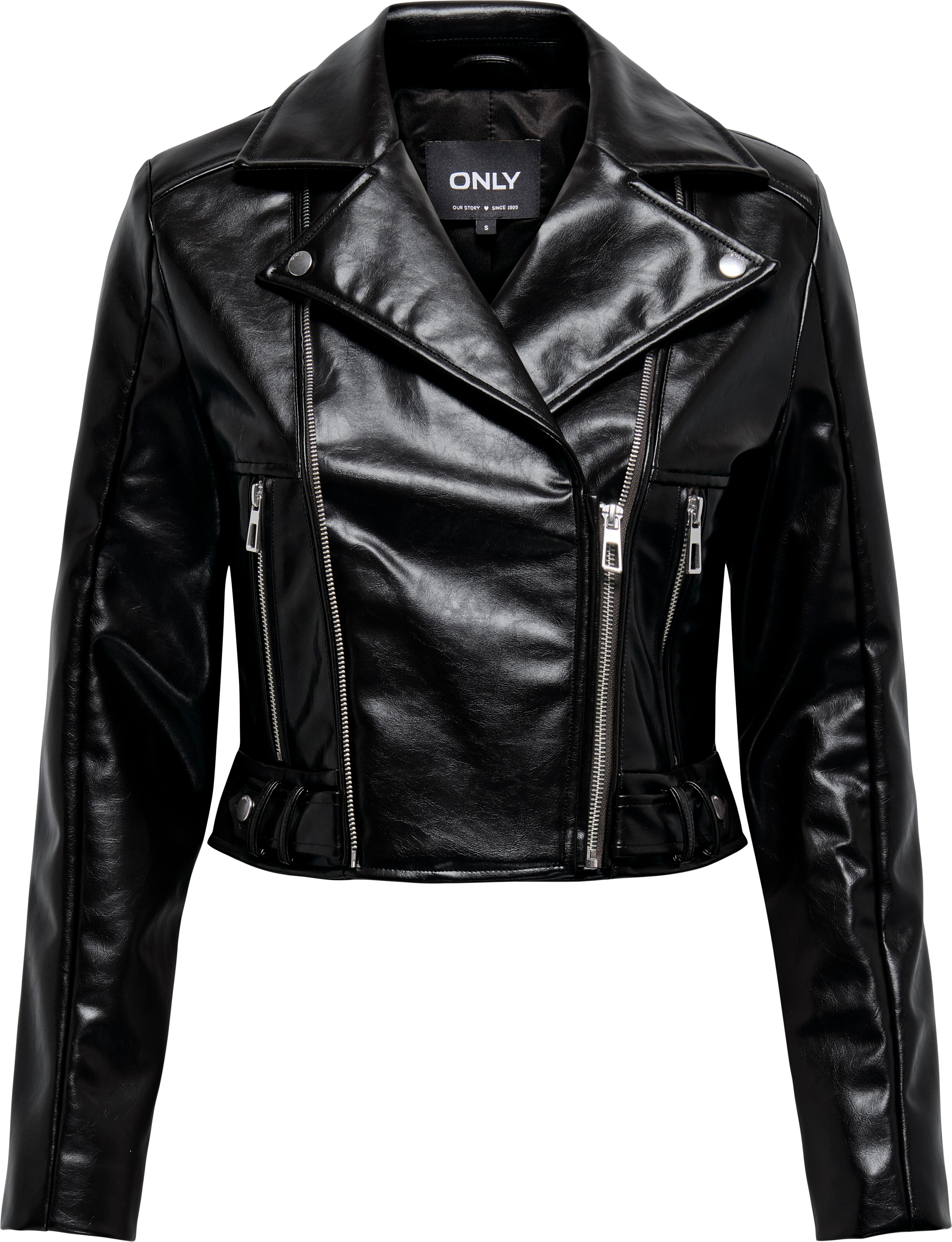 Bikerjacke ONLY "ONLKAMILLA PATENT SHOULDER BIKER CC OTW", Damen, Gr. M, schwarz, Web, Obermaterial: 100% Polyester, unifarben, regular fit, Jacken Bikerjacke schwarz M