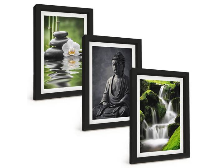 Tulup Bilder SET 3er Set - 20x30 cm Schwarzer Rahmen - Entspannende Zen-Wassermalerei, Kunststoff, Rechteckig, 20x30 cm, Fotografie, Bilder & Rahmen, Bilder