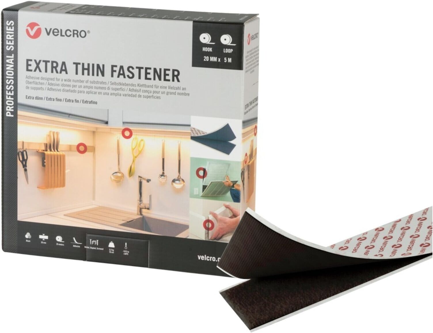 VELCRO Klettband Extra Thin Fastener 5m Hakenband+Flauschband 20mm Schwarz (VEL-PS20020)