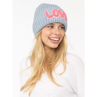 Beanie ZWILLINGSHERZ "Love Label", Damen, blau, Strick, Materialmix, Mützen Beanie, mit LOVE-Schriftzug und Wollanteil
