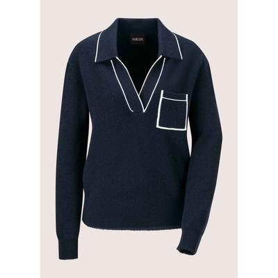 Longpullover MADELEINE "Pullover Strickpullover im Polo-Style", Damen, Gr. 34, marine, weiß, Modern, comfort fit, Pullover Longpullover