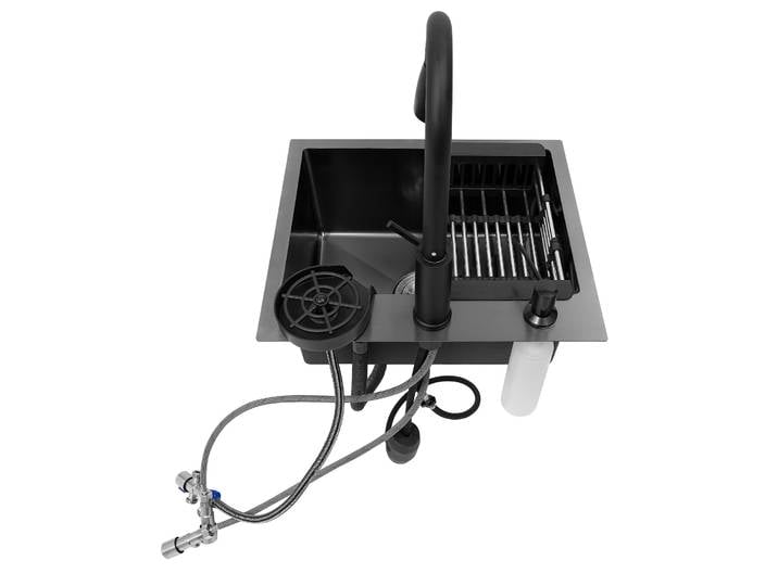 Évier de cuisine noir avec 360 ° Robinet extractible rotatif, évier de cuisine en acier inoxydable 201, évier commercial multifonctionnel