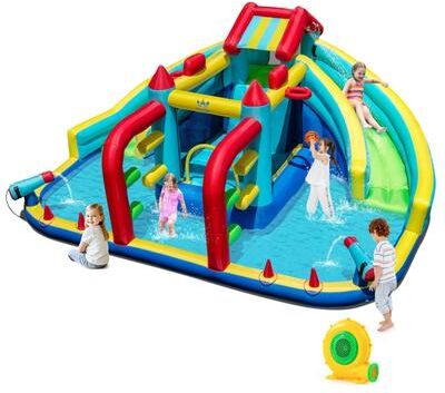 Outdoor Inflatable Castle w/Double Long Slide & Climbing Wall