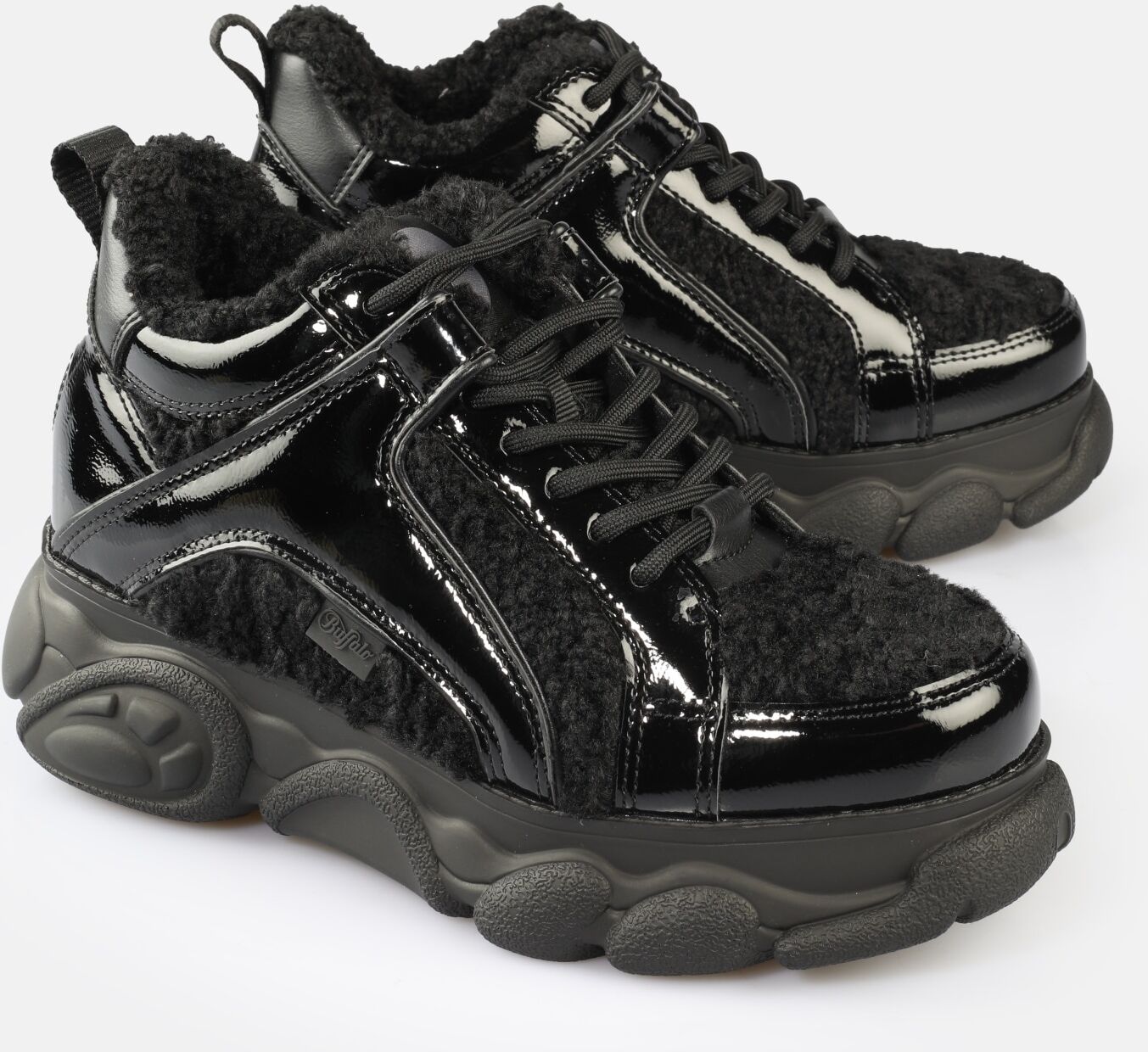 Plateausneaker BUFFALO "CLD CORIN WARM", Damen, Gr. 38, Warmfutter, schwarz, Lacklederimitat, Textil, Schuhe Plateausneaker, High Top Sneaker, Schnürboots, Winterboots mit Memory Foam schwarz 38, Warmfutter