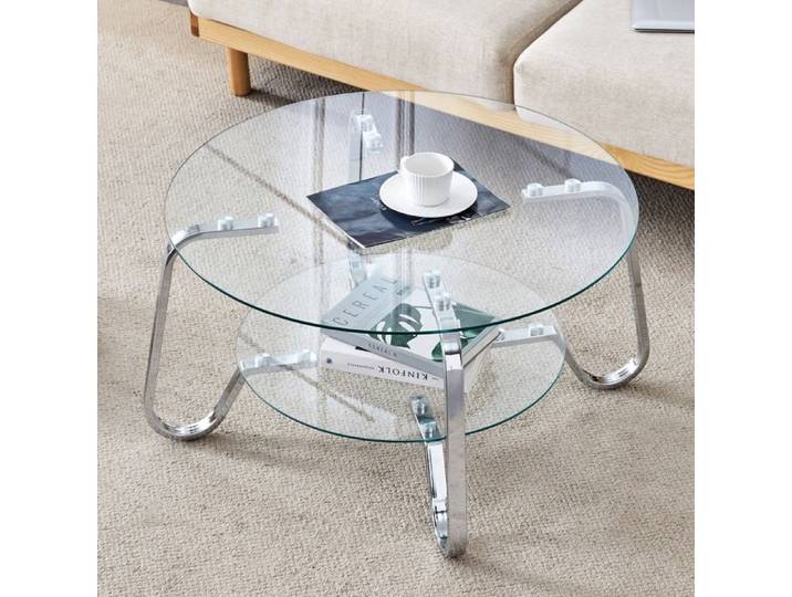 Table basse - ZEVKOR - Ø80x45 cm - Double plateau verre trempé - Structure métal argenté - 2 niveaux