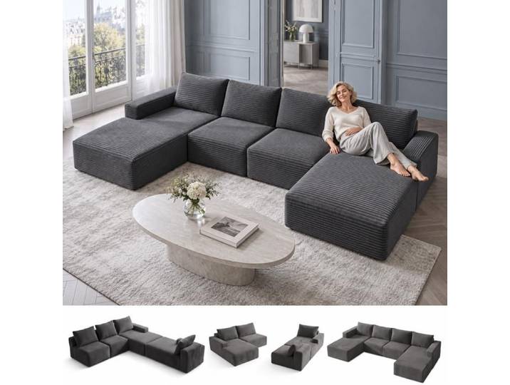 Canapé Modulaire en U Velours Côtelé Gris Foncé ZARPATH Canapé Sectionnel Modulable Reconfigurable pour Salon Moderne