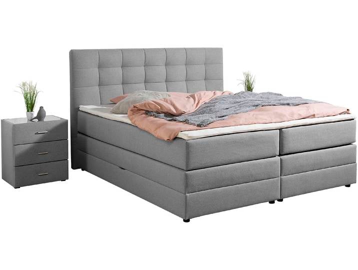 Boxspringbett, Grau, 174x211 cm, Strukturstoff, Mit Topper & Bettkasten, Modern