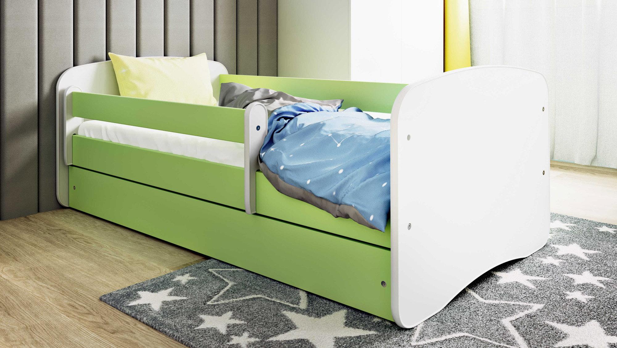 Kinderbett Grün 70x140 80x160 80x180 cm - mit Matratze, Rausfallschutz und Schublade - Jugendbett für Mädchen und Jungen - Stabil und Sicher - Grün - 180x80 cm