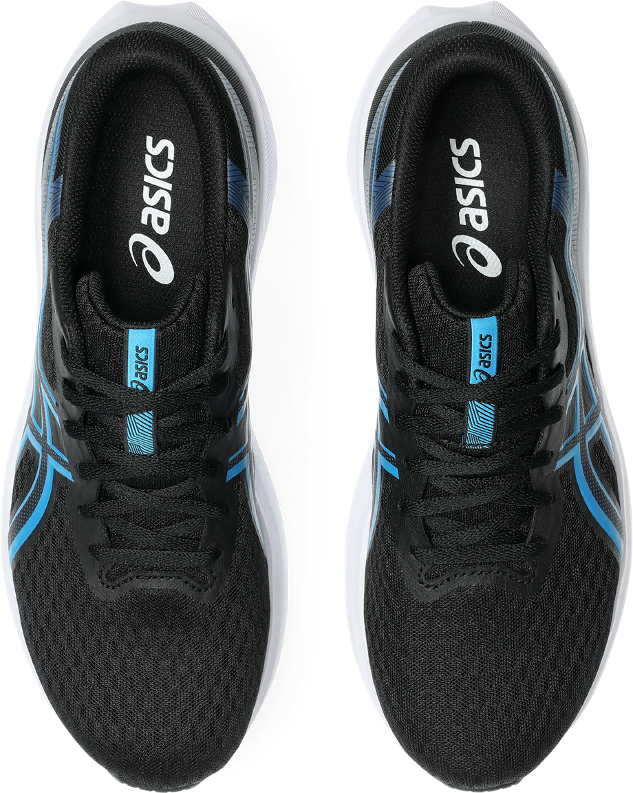 Laufschuh ASICS "PATRIOT 14", Herren, Gr. 46, schwarz (schwarz, aegean blau), Synthetik, Schuhe Laufschuh, atmungsaktives Mesh-Obermaterial, Energiegeladene Mittelsohle
