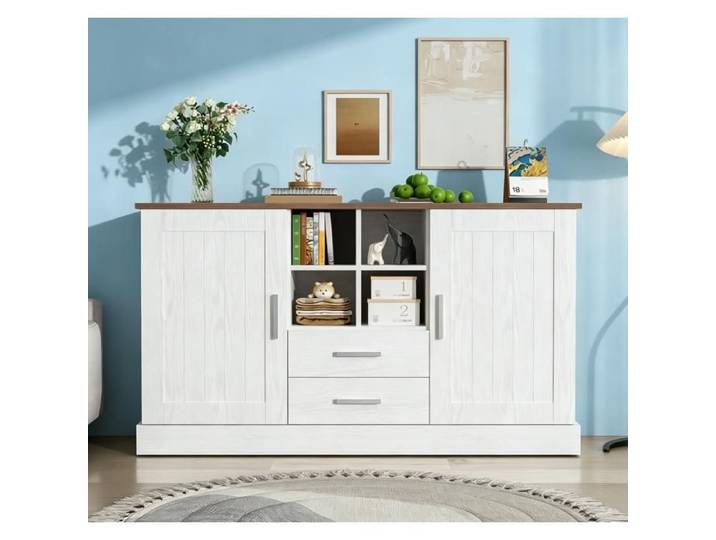 Buffet 140cm Armoire de Rangement avec 2 Tiroirs et Portes Rangements Ouverts Style Moderne Buffet de Salon 140x40x79.5cm Blanc