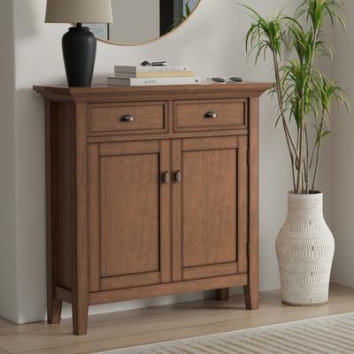 Simpli Home Wyndenhall Mansfield 36 inch Wide Solid Wood Transitional Entryway Storage Cabinet in Rustic Natural Aged Brown
