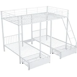 MODFU Dreibett-Etagenbett Metall Weiß 246x206x177,8 cm, teilbar, mit 2 Schubladen