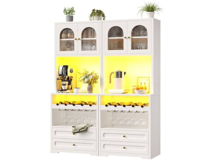 Set de 2 buffets hauts de cuisine Blanc buffets modernes avec LED plan de travail 140x40x180cm cuisine salon