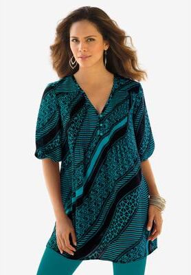 Plus Size Women's Printed Y-Neck Georgette Top by Roaman's in Tropical Teal Mixed Geo (Size 28 W)