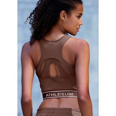 Crop-Top LASCANA ACTIVE, Damen, Gr. XS (32/34), braun, Obermaterial: 82% Polyester, 18% Elasthan, unifarben, figurbetont, tiefer Rundhals, Tops, mit modischem Rücken und Mesh-Einsatz, Tank Top, sportlich, bauchfrei