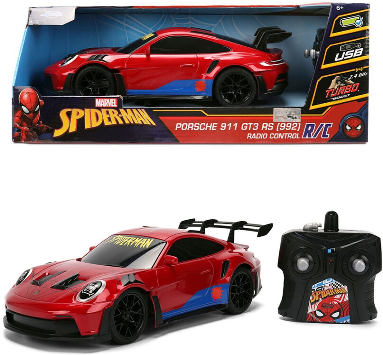 RC-Auto JADA "RC Marvel Spider-Man Porsche 911 1:16", rot (rot, blau), Fernlenkfahrzeuge, Kinder, Kunststoff, RC-Auto
