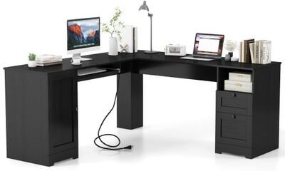 Costway 66 Inch L-Shaped Writing Study Workstation Computer Desk with Drawers-Black