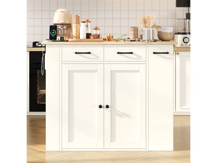 Meuble de rangement de cuisine blanc - Buffet de cuisine extensible avec prises et 2 tabourets - tablettes réglables