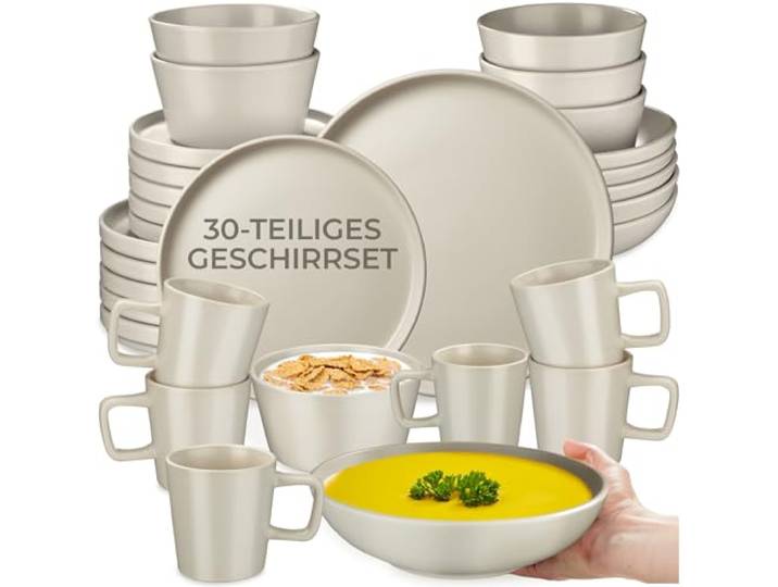 tectake® 30-tlg. Kombiservice, Geschirrset, Tafelservice 6 Personen, Steingut Geschirr Set, Teller Set mit Schalen, Kaffeetassen, Speiseteller, Frühstücksteller, tiefe Teller und Schüsseln - taupe