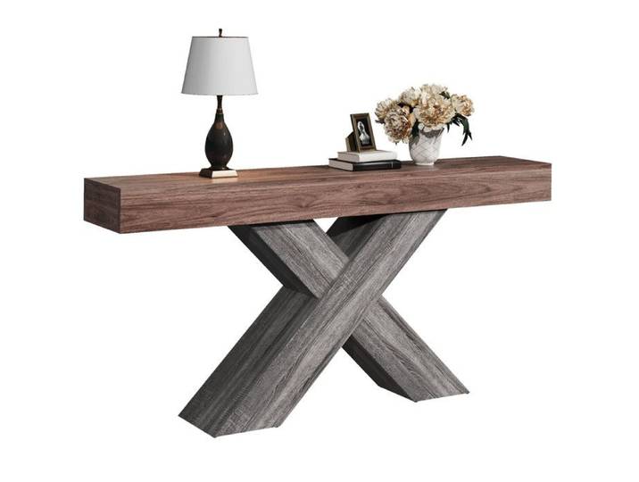 Table console étroite – pieds croisés en X – effet bois noyer – 140 x 30 x 80 cm