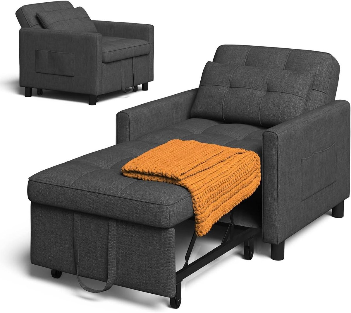 Omvormbare slaapstoel en relaxfauteuil met 3-in-1 functie in donkergrijs, Lengte: 174 cm
