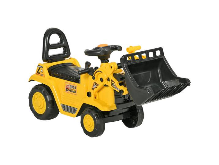 Homcom Sitzbagger mit eingebautem Ablagefach Kinder Rutschauto traktor mit Hupe, Gelb, Kunststoff, 26.5x39x80 cm, unisex, Spielzeug, Kinderfahrzeuge