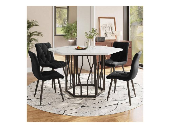 LuxusKollektion Essgruppe Esstisch Stuhlset 5teilig Sechseck Marmor Samt Stühle Schwarz