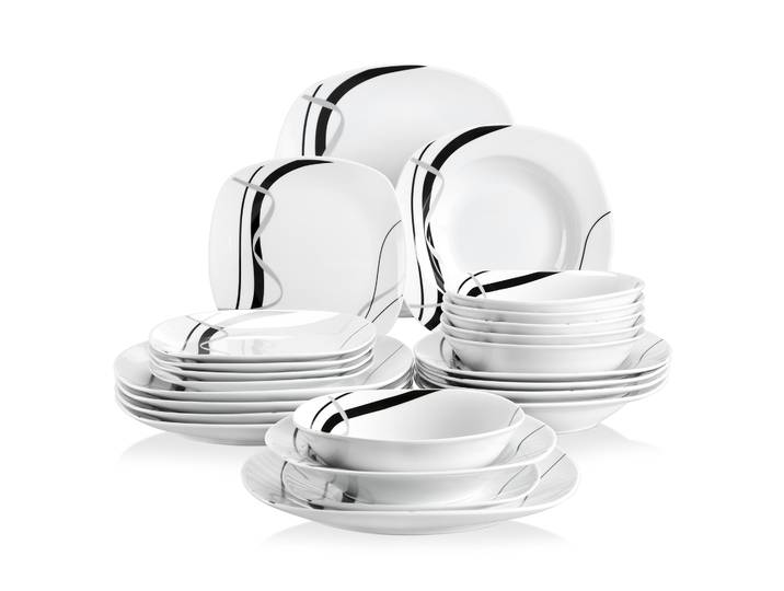 VEWEET 24/48 pièces assiette noire en céramique ensemble combiné vaisselle en porcelaine ensemble de bols/assiettes à dessert/assiettes à soupe/assiettes à dîner