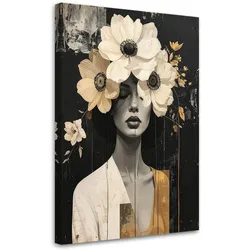 BILD auf Leinwand, Frau mit Blumen in Beige im Boho Stil