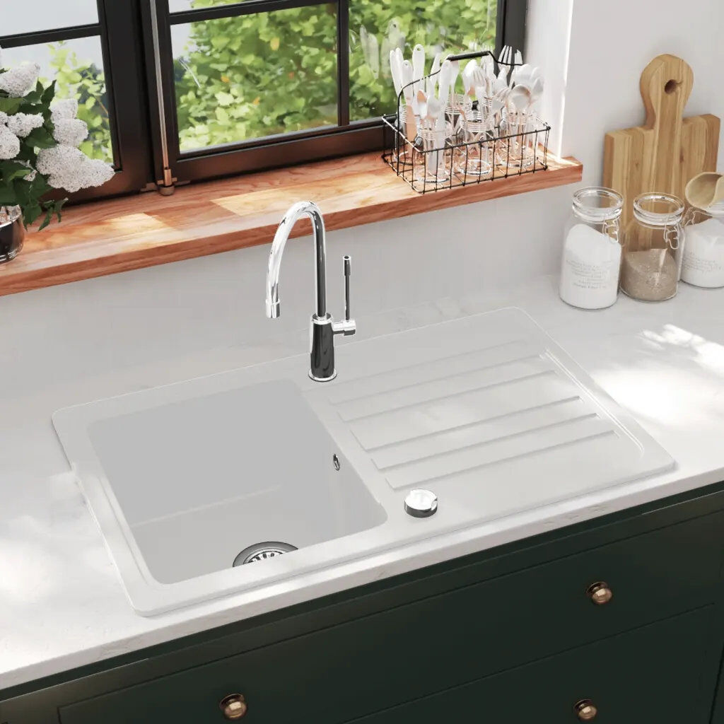 Symple Stuff 460mm W Single Bowl Stone Kitchen Sink Cream White 765mm L