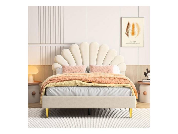 LuxusKollektion Polsterbett Polsterbett Kinderbett 90x200 cm Blumen Samt Beige