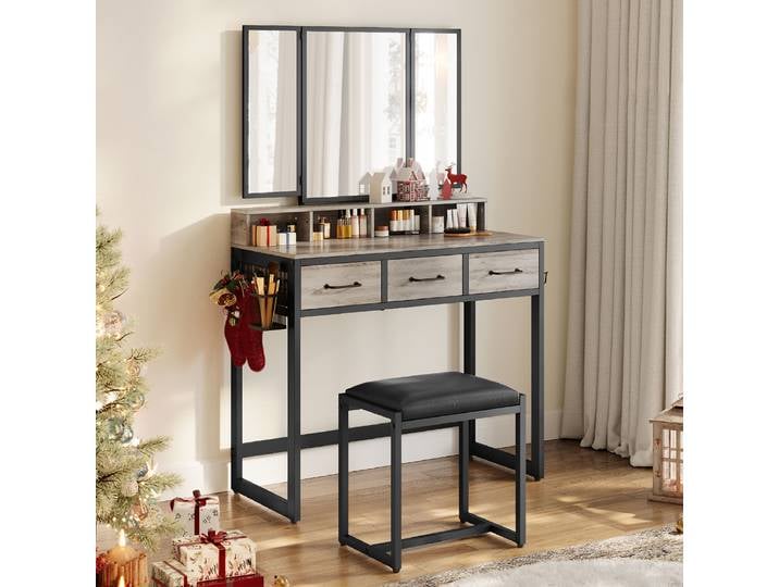 VASAGLE Coiffeuse avec tabouret\, miroir rabattable\, support de sèche-cheveux\, gris-noir