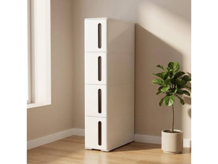 Weiwehome Schmales Nischenregal mit 4 Schubladen, Rollwagen für Bad & Küche PP-Kunststoff, Schmale Bauweise, 360° Laufrollen, Vielseitige Lagerung(White,17.7in*6.7in*33.1in)