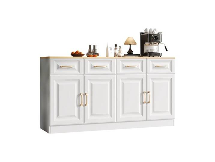 Buffet Meuble de Rangement Buffet de Cuisine avec 4 Tiroirs et 4 Portes Style Ferme Moderne Armoire de Bar à Café 140x40x75cm Blanc