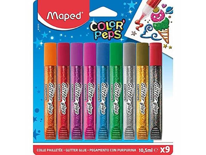 Maped Color'Peps Tubes de colle Pailletées pour enfant Effet Brillant\, Facile à utiliser avec Embout Fin - 9 Tubes de 10.5 ml Coloris Assortis