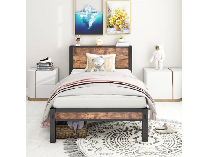 DRIPEX Lit simple métallique 90x200 avec tête de lit Lit robuste en couleur brun vintage