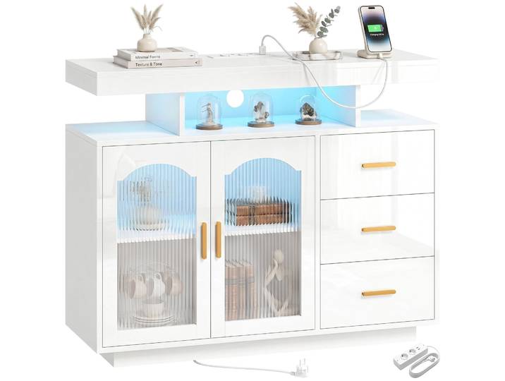 HOMCOM Sideboard Hochglanz Kommode mit LED, Steckdosen, 3 Schubladen