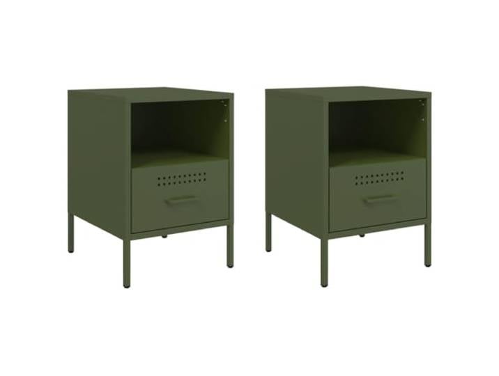 KUTYWEXFM Nachttisch 2er Set Olivgrün 36x39x50,5 cm Metall Beistelltisch Industrie-Design Beistellschrank für Schlafzimmer & Wohnzimmer: Robustes Metall mit Schublade, Ablage & Verstellfüßen.
