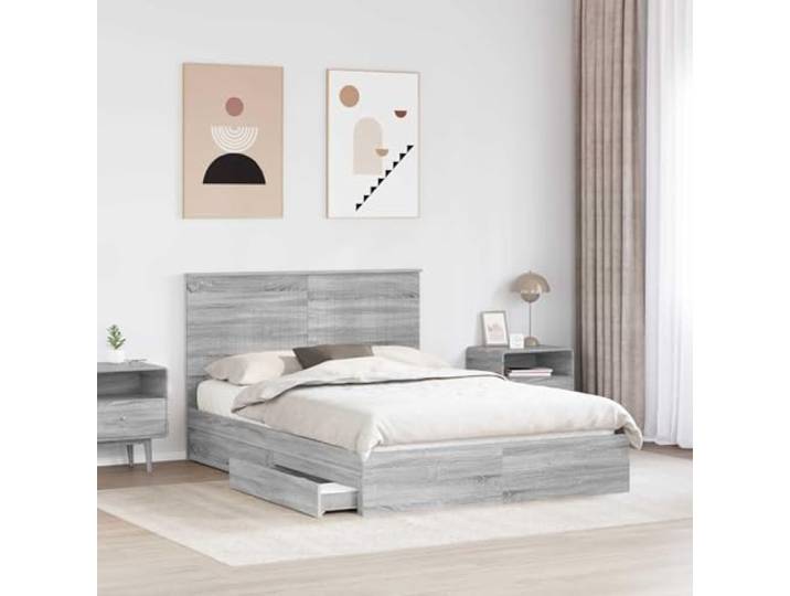 KTHLBRH Bett mit Stauraum, Grau, 140 x 200 cm Technisches Holz, mit Kopfteil, integrierte Schubladen, einfache Montage