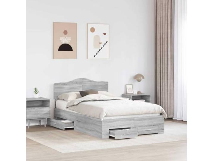 KTHLBRH Bettgestell Grau Sonoma 120 x 190 cm Technisches Holz, mit Schubladen, fester Lattenrost, einfach zu montieren