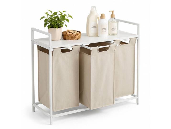 Relaxdays Wäschesortierer Weiß Beige 3-Fächer mit Ablage, Textil, Metall, Holzwerkstoff, 92.5x73x33 cm, Haushalt & Reinigung, Wäschepflege, Wäschekörbe & Tonnen