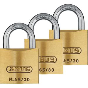 Abus Vorhängeschloss Messing 45/30 Triples, 4 Schlüssel, gleichschließend & wetterfest,3 Stück