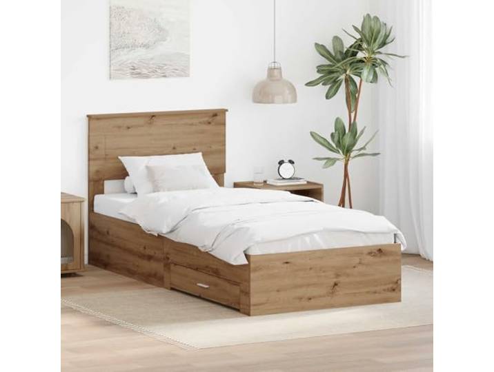 RJPLMFV Bettgestell, Eiche, 90 x 190 cm, Holz Mit Aufbewahrungsschubladen, Stangengriffen, Lattendesign, einfache Reinigung
