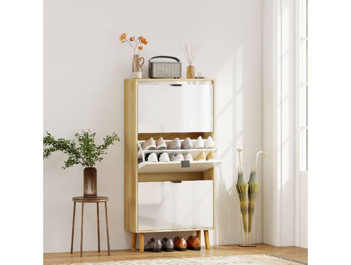 HOMCOM Armoire à Chaussures 3 Tiroirs Rabattables Blanc 60x24x127cm
