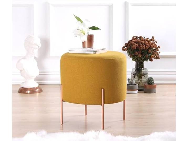 Atelier Del Sofa Senfgelber Pouf im Böhmischen Stil, 42 cm hoch x 40 cm tief 50% Baumwolle & 50% Leinen, 5 cm orthopädischer Schaumstoffkern, Beine aus kupferbeschichtetem Eisen