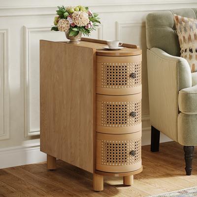 1Easylife Solid Wood End Side Table 3-Drawer Rattan Bedside Table Nightstand