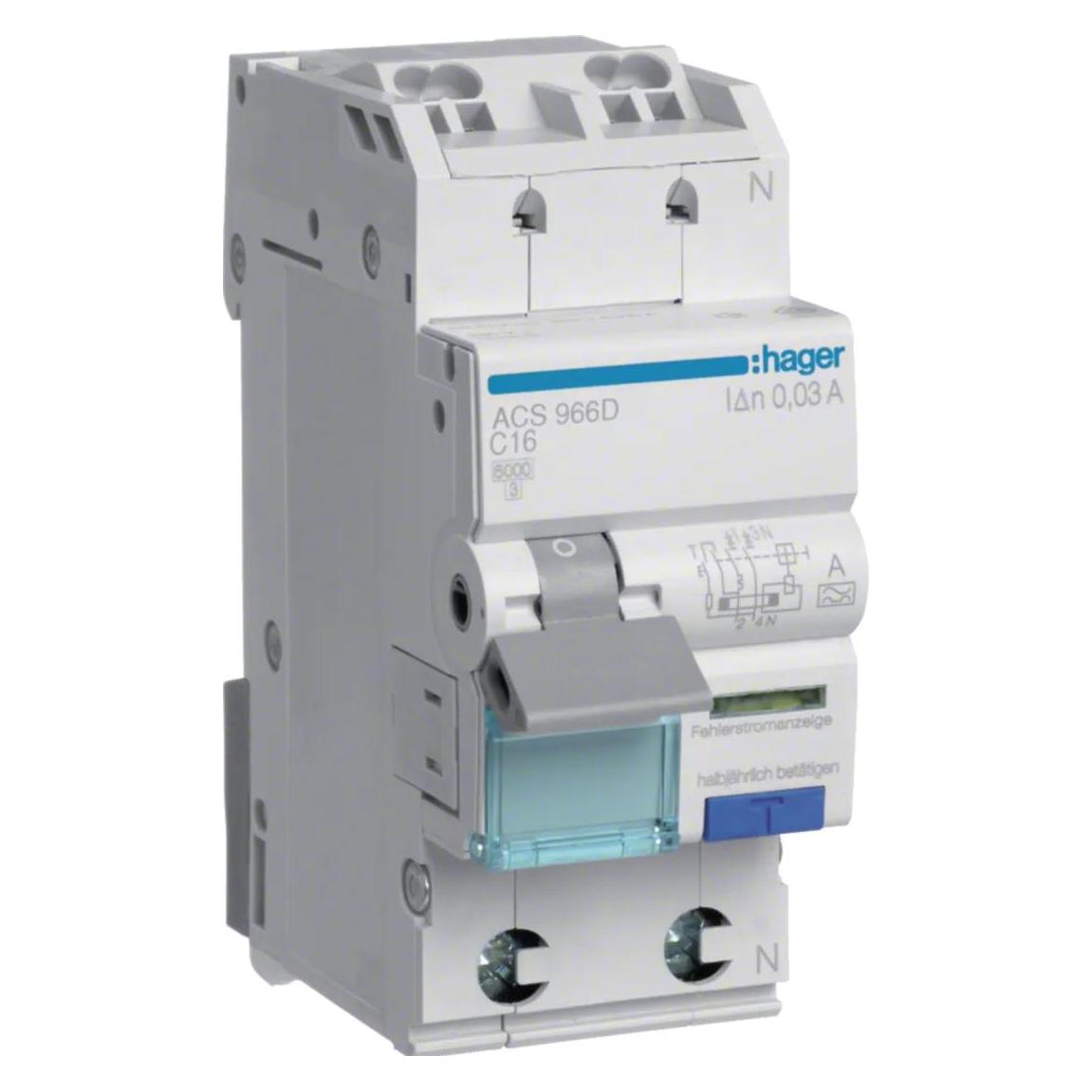 Hager HAG ACS966D FI-Schalter QC&QB 1P+N 6kA C-16A 10mA (ACS966D)