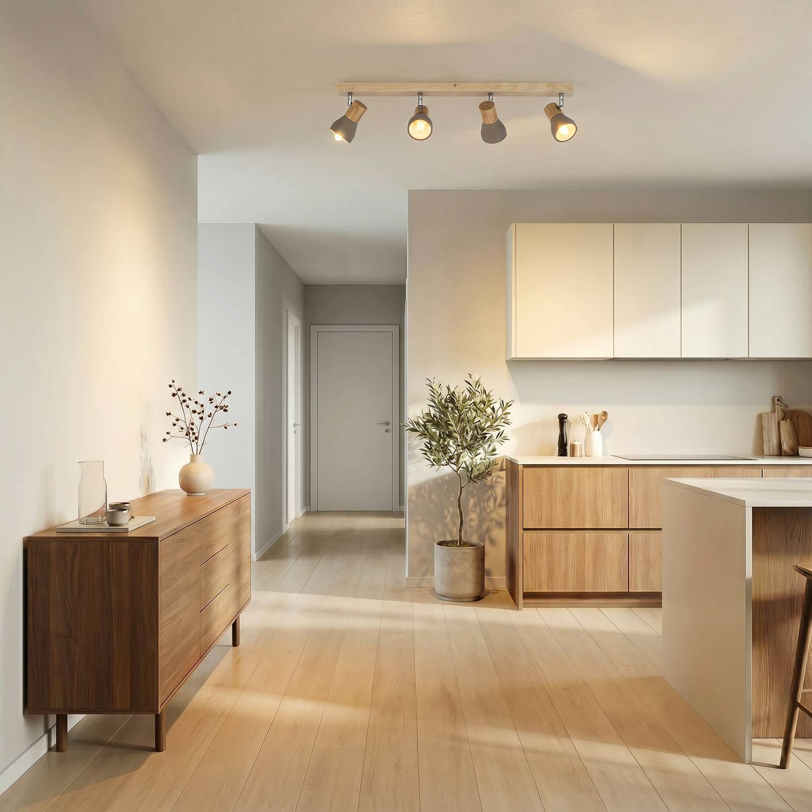 Lindby Filiz spotlight, 4-bulb, 77 cm, wood, concrete, E14 Lindby, dimmable, Alu / grey / zinc, Bedroom, Concrete, Scandinavian, Ceiling Light